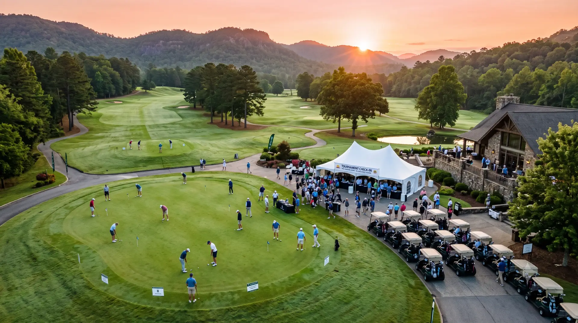 Golfers at a charity golf tournament on the putting green at sunset, with an event tent and golf carts lined up