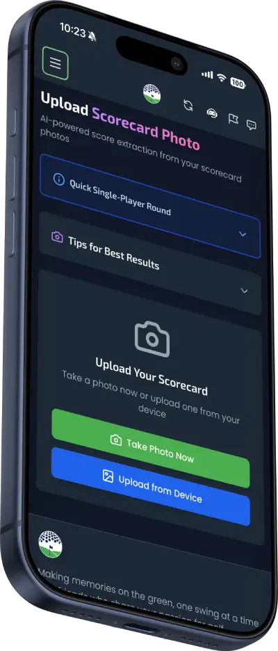 Digital golf scorecard showing hole-by-hole scores for a group