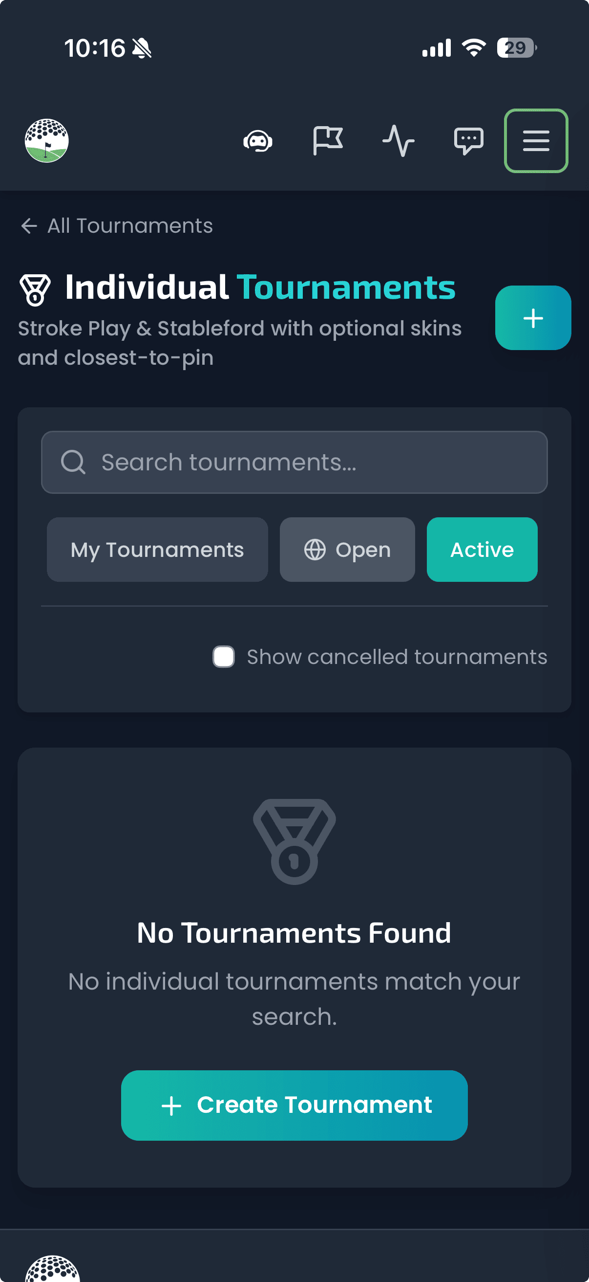 Tournament leaderboard on Buddies on the Green